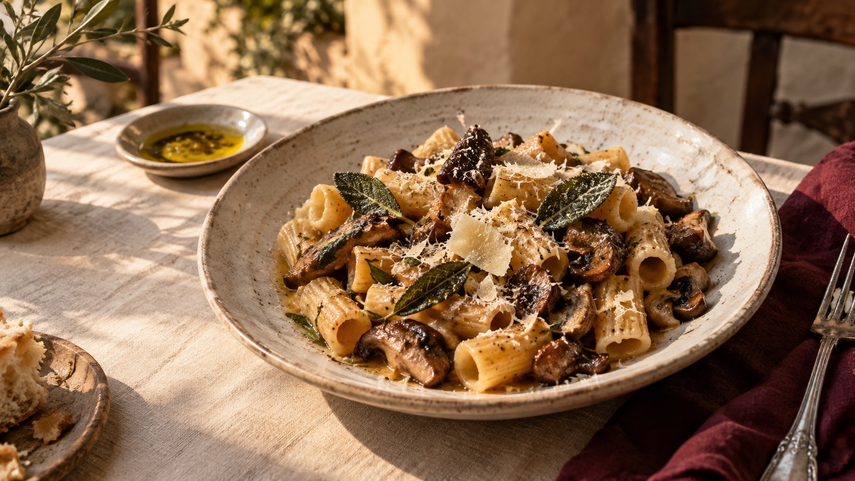 Sample mushroom rigatoni with sage and parmesan on a linen table
